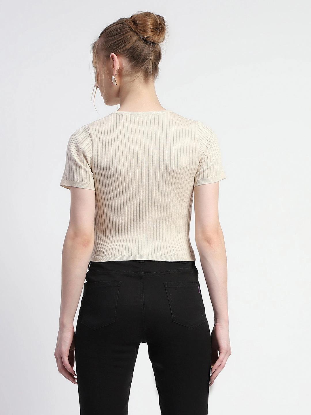 Madame Solid Beige Ribbed Crew Neck Crop Top Anti Static Cloth Blend Comfortable Fabric
