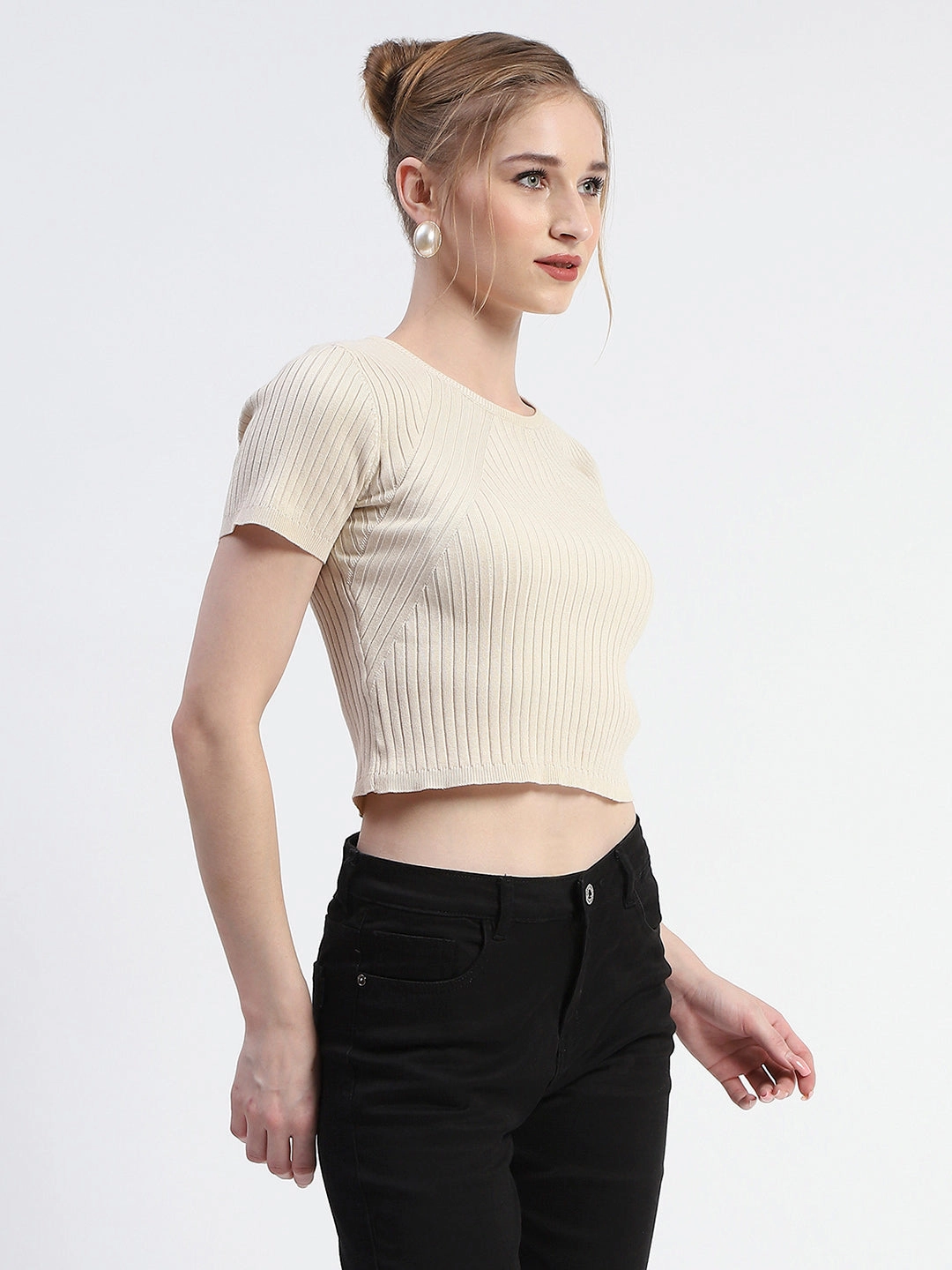 Madame Solid Beige Ribbed Crew Neck Crop Top SoftTouchBrushedInterior Soft Blended Fabric