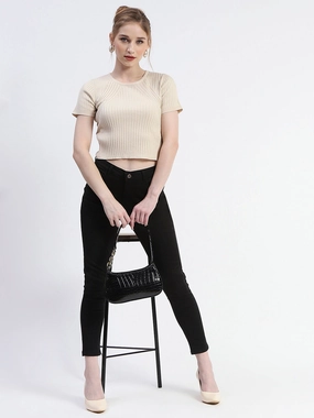 summer look FlexibleCuff Madame Solid Beige Ribbed Crew Neck Crop Top
