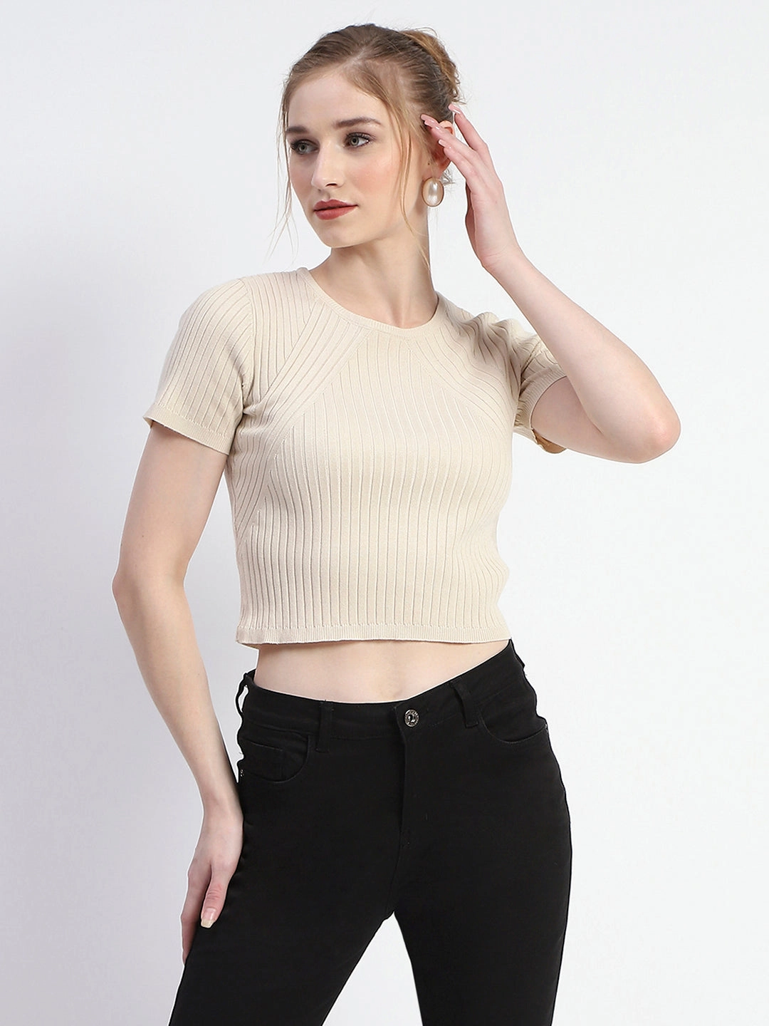 Compact Jacquard Weave Madame Solid Beige Ribbed Crew Neck Crop Top
