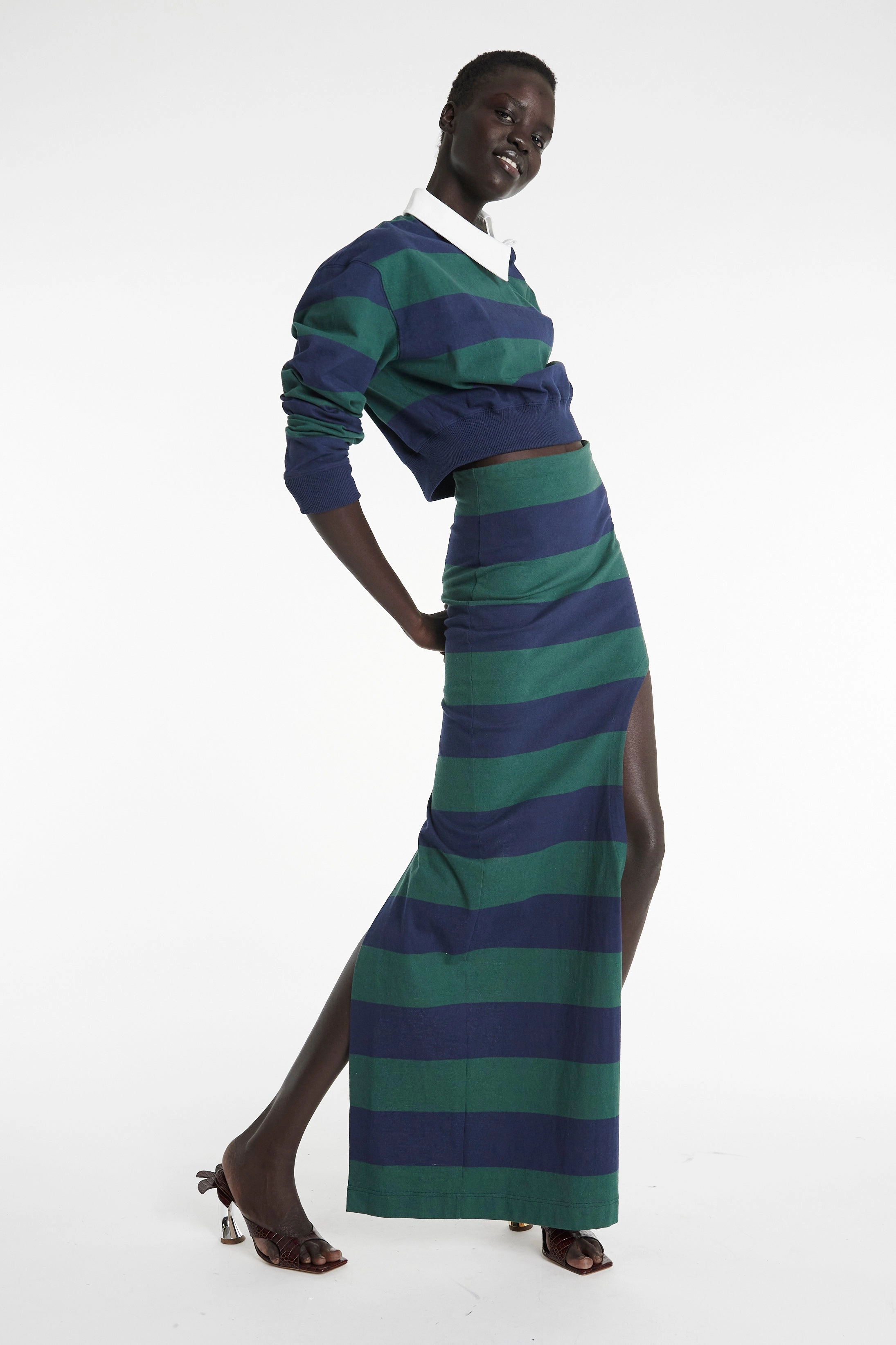Reflective Accent Stripes Durable Fiber Blend Twisted Collar Rugby Jersey Emerald Green Navy