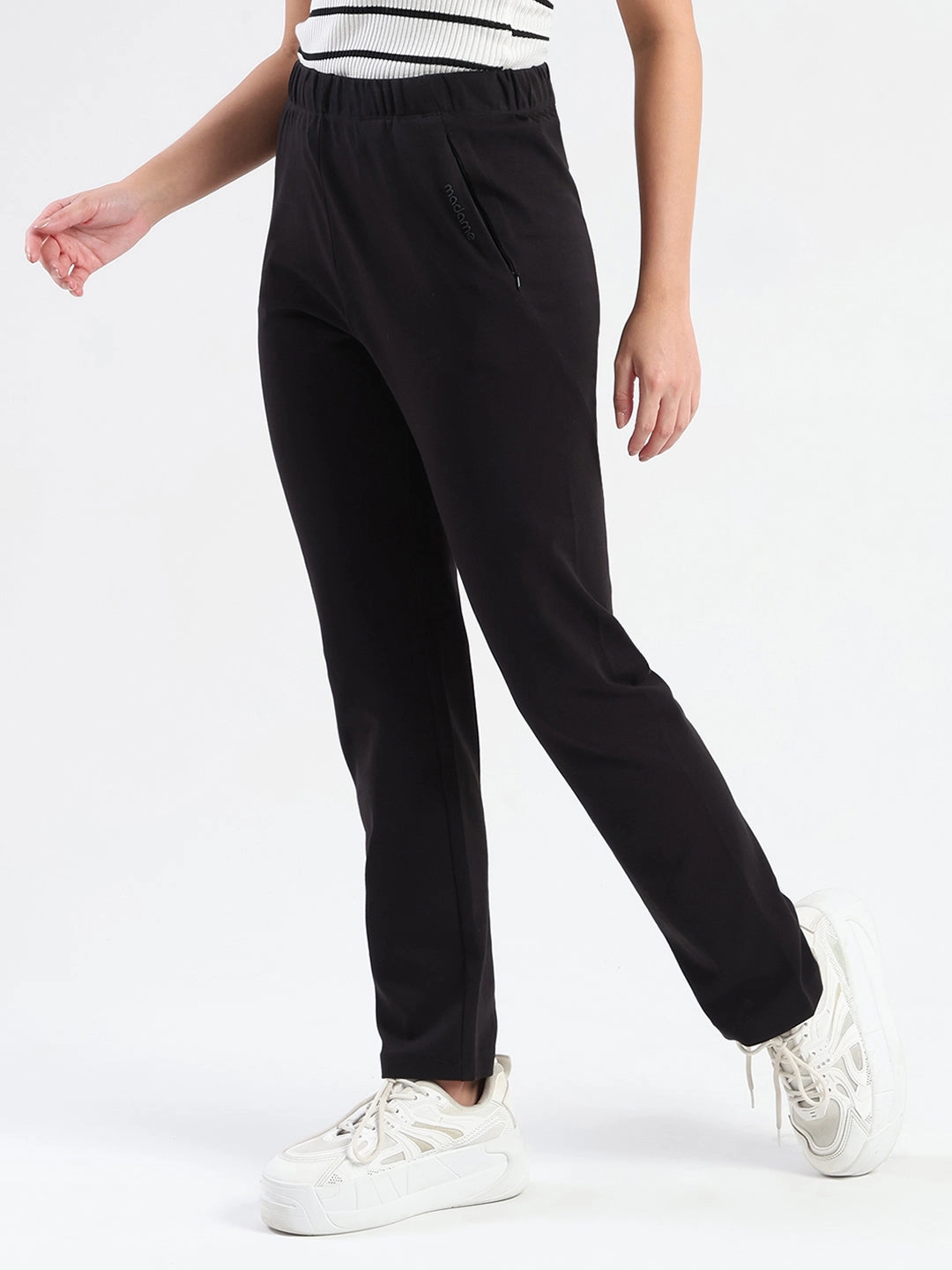 Madame Black Cotton Blend Track Bottoms Sleek Look Trendy Waist