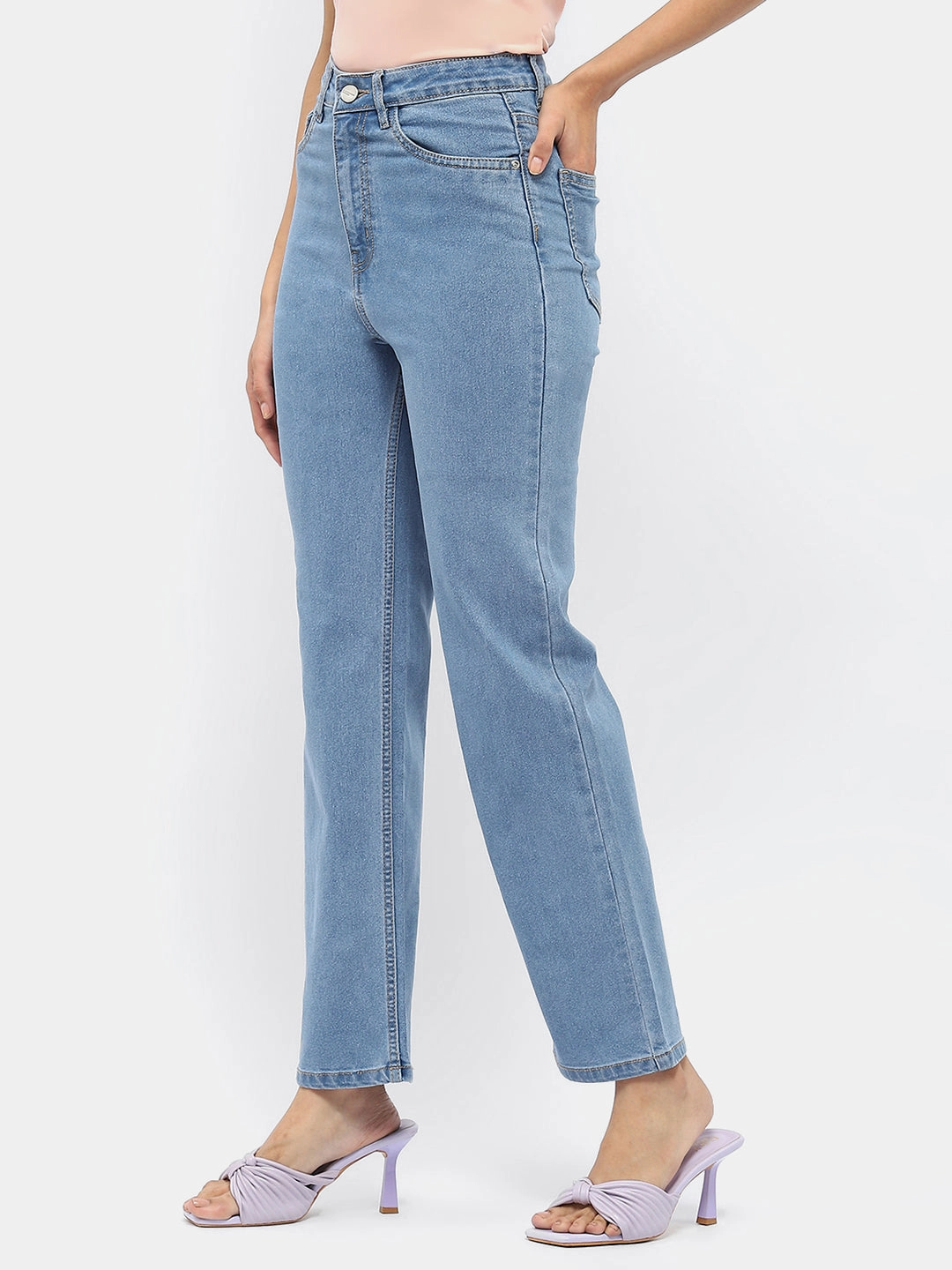 Minimalist Styling Neutral Style Madame Solid Light Blue Wide Leg Denim Jeans