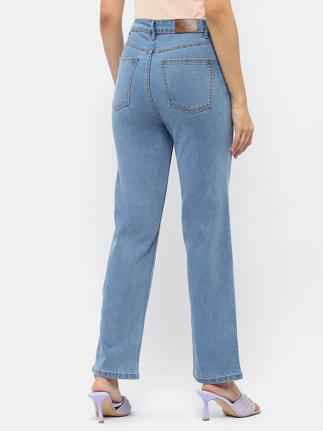 Madame Solid Light Blue Wide Leg Denim Jeans Motion Ease