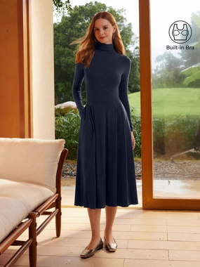 Light Warm Mockneck Pleated Midi Brami Dress with Pockets NonIrritatingTags