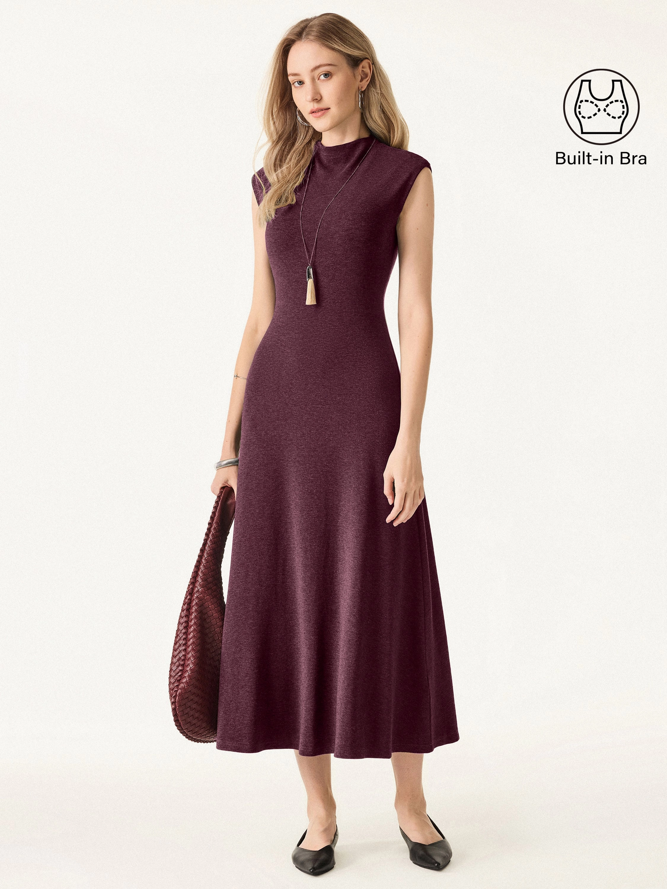 Mesh Lining Light Warm Mockneck Wide Shoulder Midi Brami Dress