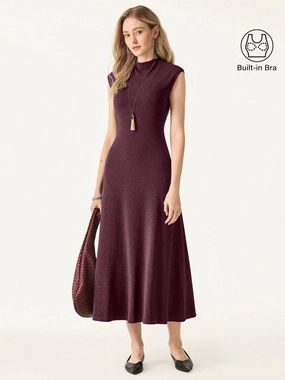 Mesh Lining Light Warm Mockneck Wide Shoulder Midi Brami Dress