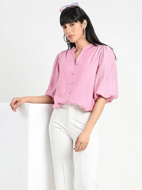 Sweat Absorbing Lining Quick Dry Fabric Madame Textured Ruffle Neck Rayon Blend Pink Top