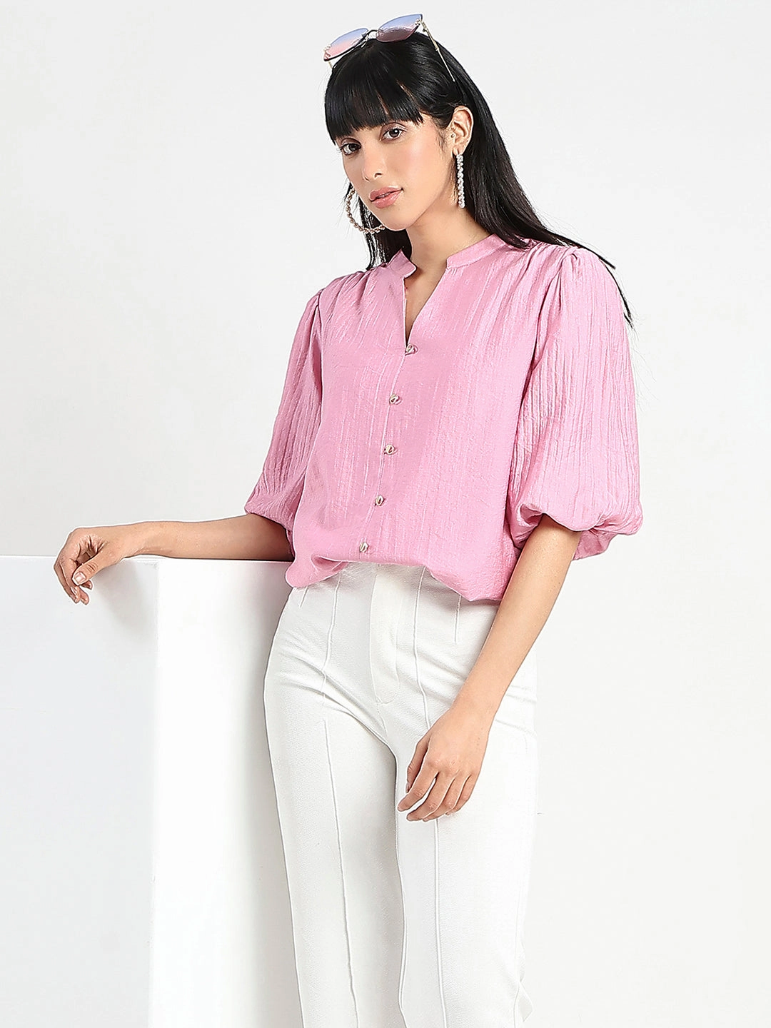 Sweat Absorbing Lining Quick Dry Fabric Madame Textured Ruffle Neck Rayon Blend Pink Top