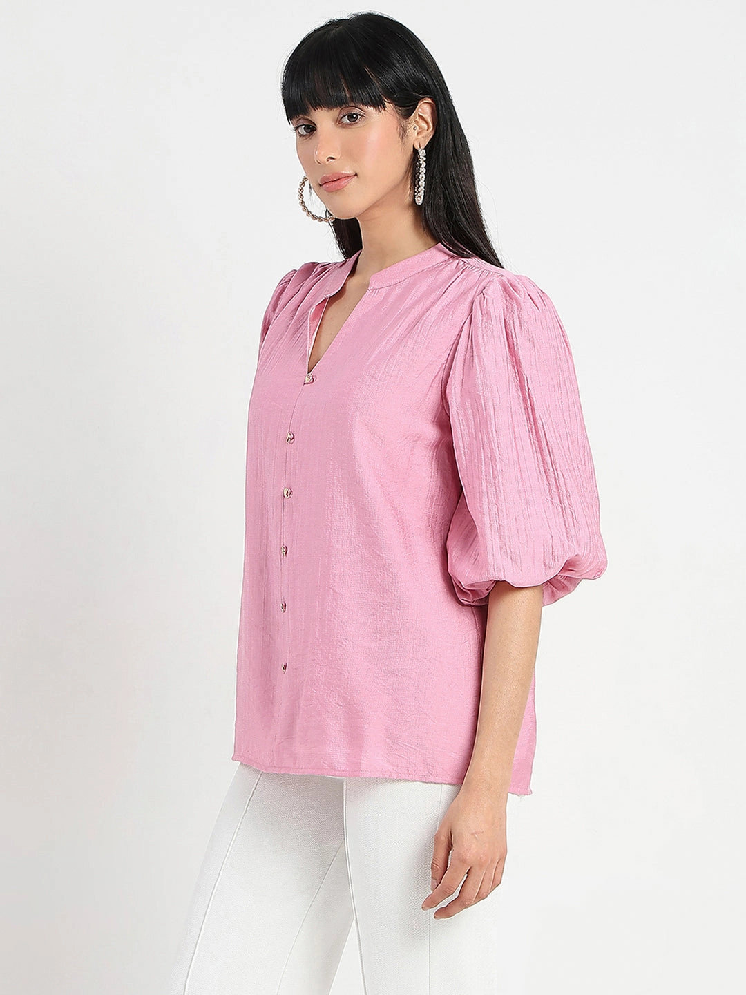 Tagless Comfort Collar Madame Textured Ruffle Neck Rayon Blend Pink Top