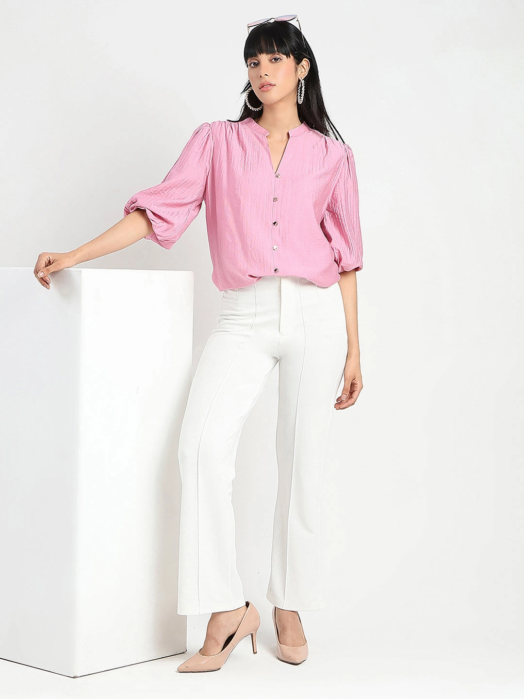 Wicking Inner Lining ErgonomicShape Madame Textured Ruffle Neck Rayon Blend Pink Top