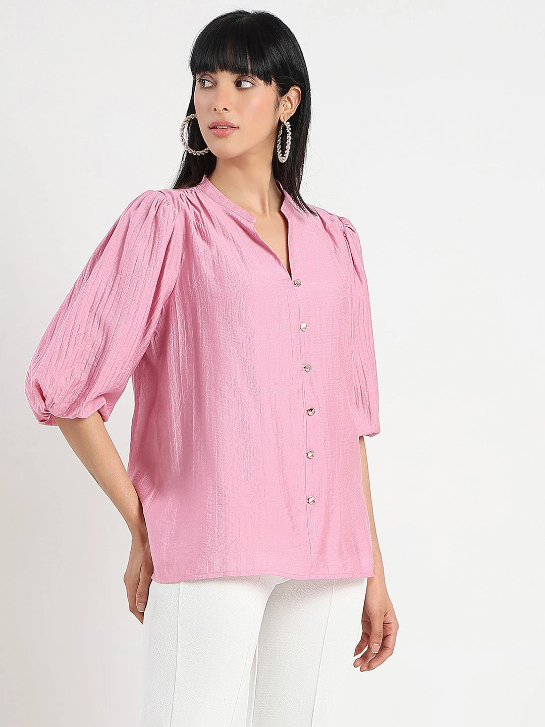 SleevelessOption Madame Textured Ruffle Neck Rayon Blend Pink Top