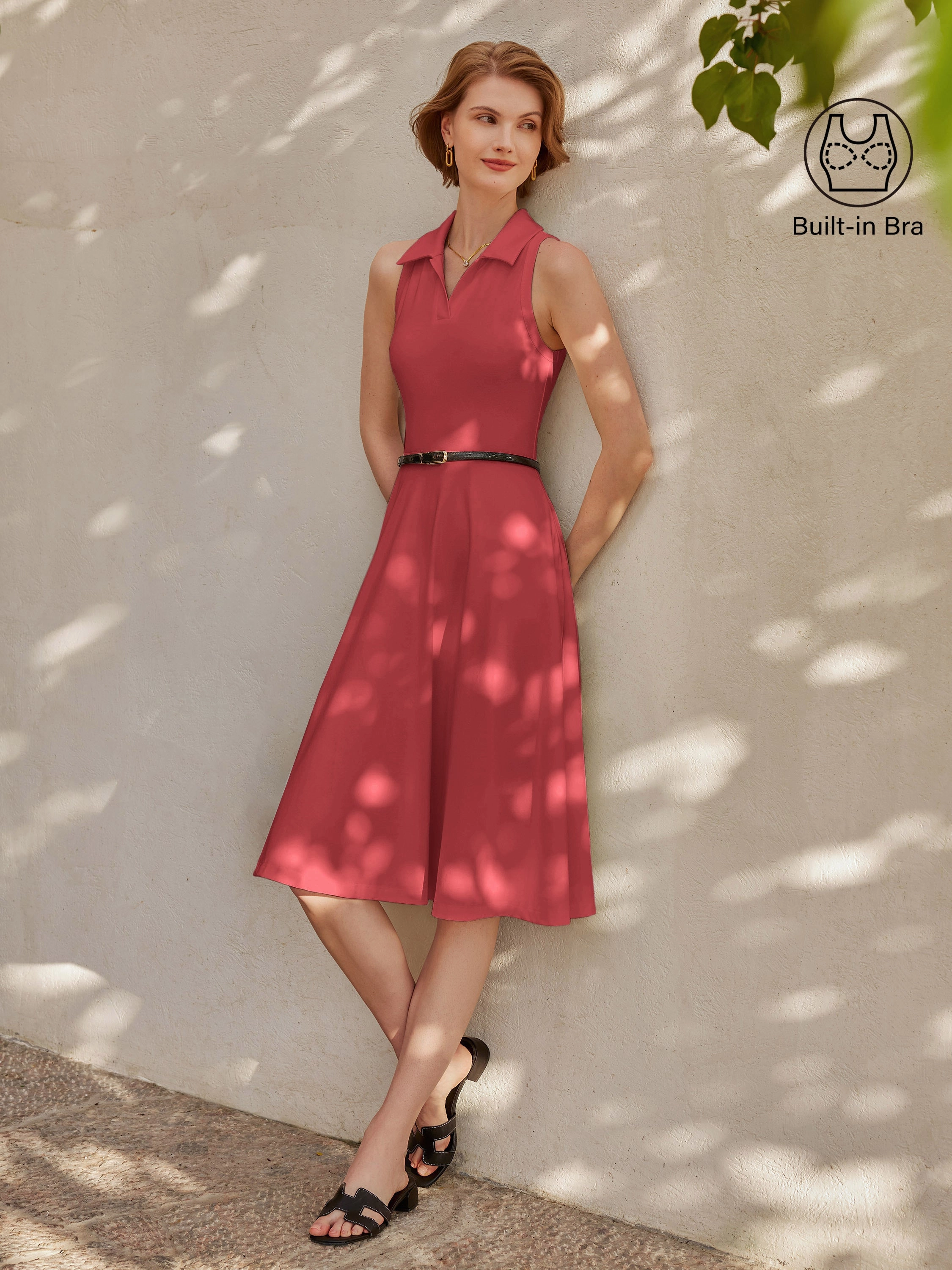 MultiDirectionalStretch Stretch Cotton Polo Neck Fit-and-flare Midi Brami Dress with Pockets
