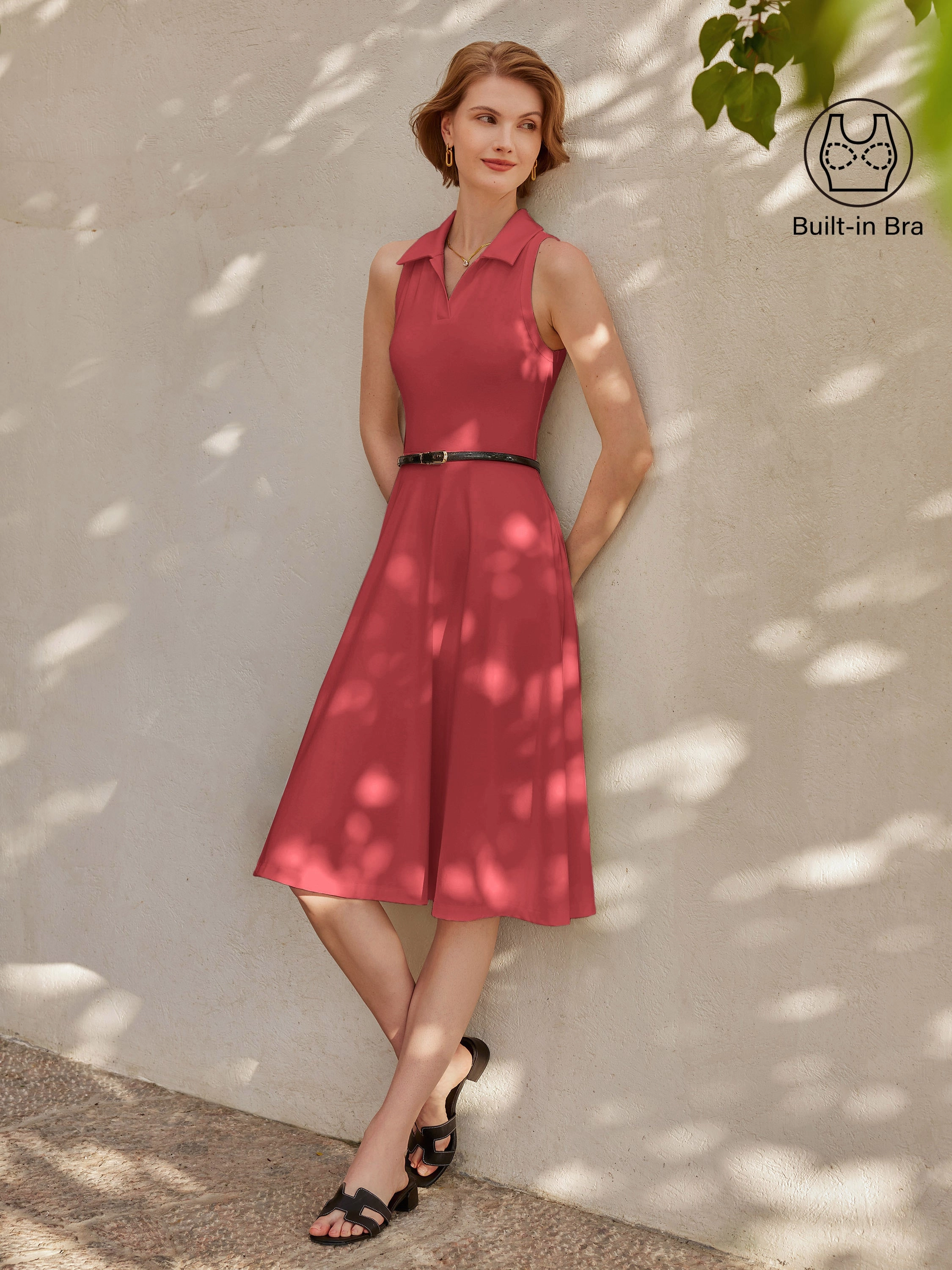MultiPanelBreathability Stretch Cotton Polo Neck Fit-and-flare Midi Brami Dress with Pockets