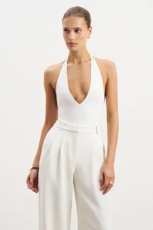 Soft Blended Fabric V Neck Plunge Bodysuit - White