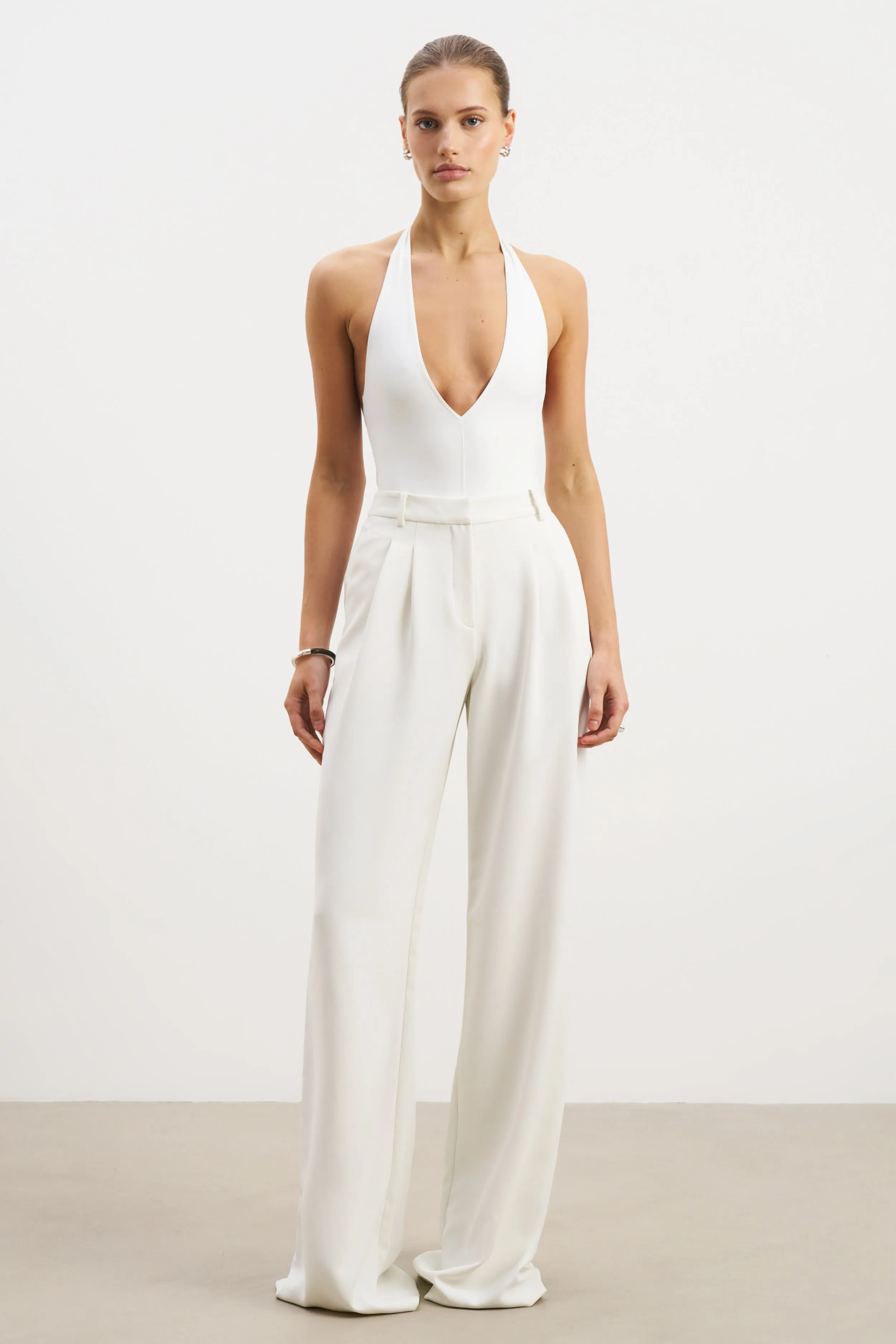 V Neck Plunge Bodysuit - White Soft Touch Blend Drop Shoulder