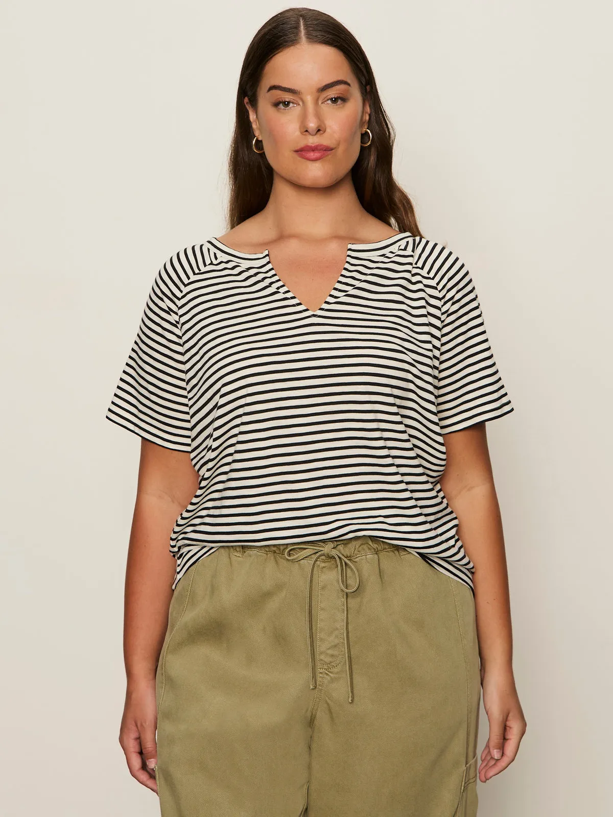 AntiOdorTreatment Garment Washed Finish Notch Neck Tee Light Oat/Black Stripe Extended Sizing