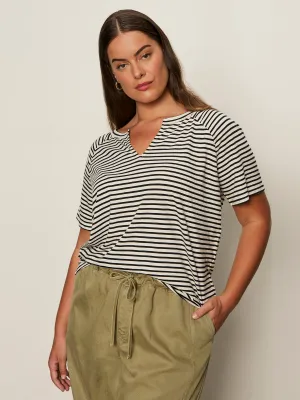 Minimalist Aesthetic Notch Neck Tee Light Oat/Black Stripe Extended Sizing