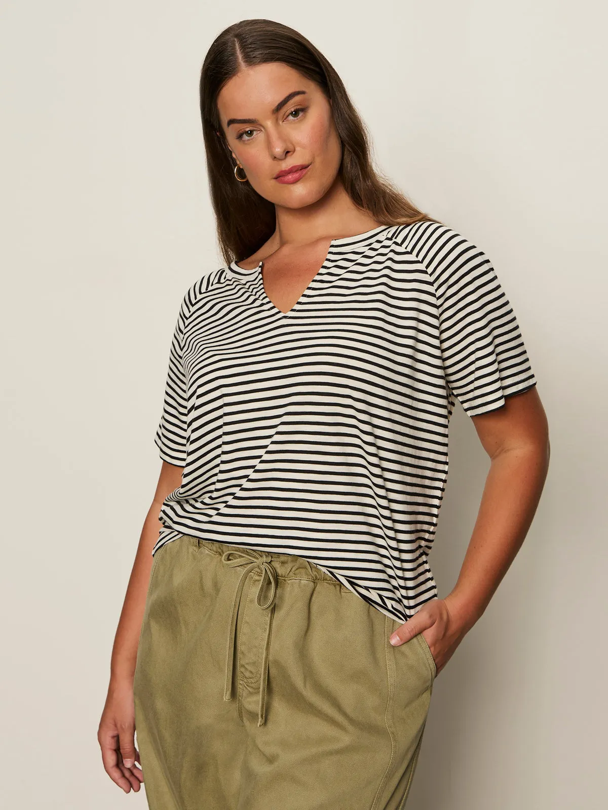 Minimalist Aesthetic Notch Neck Tee Light Oat/Black Stripe Extended Sizing