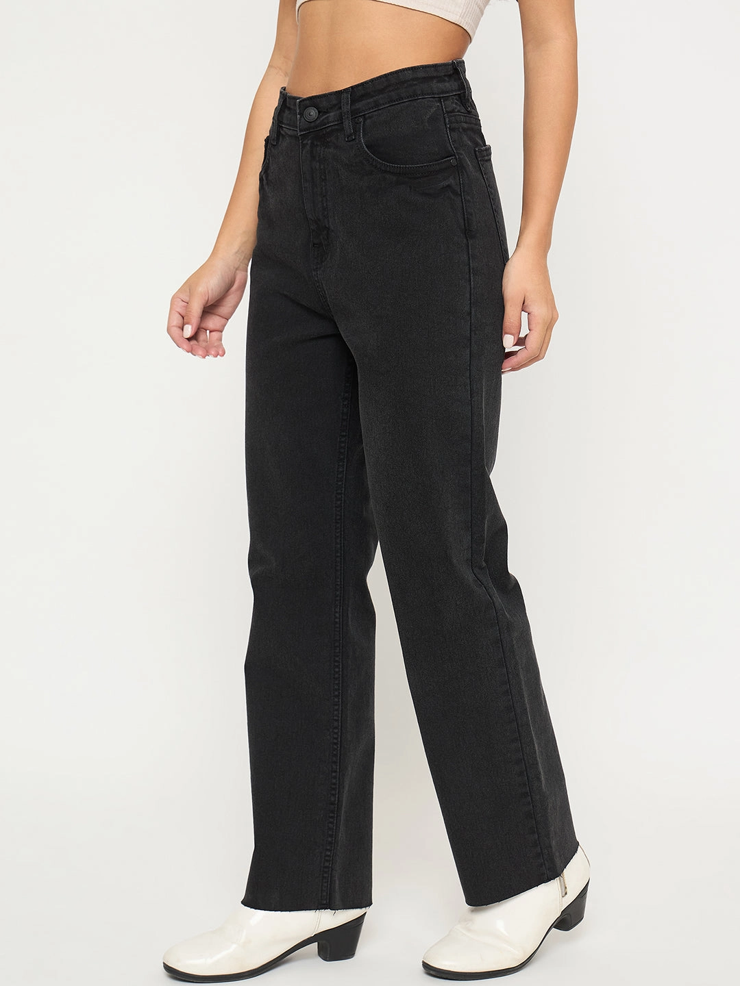 Night Out Rainy Day Madame Ripped Hem Wide Leg Charcoal Black Jeans