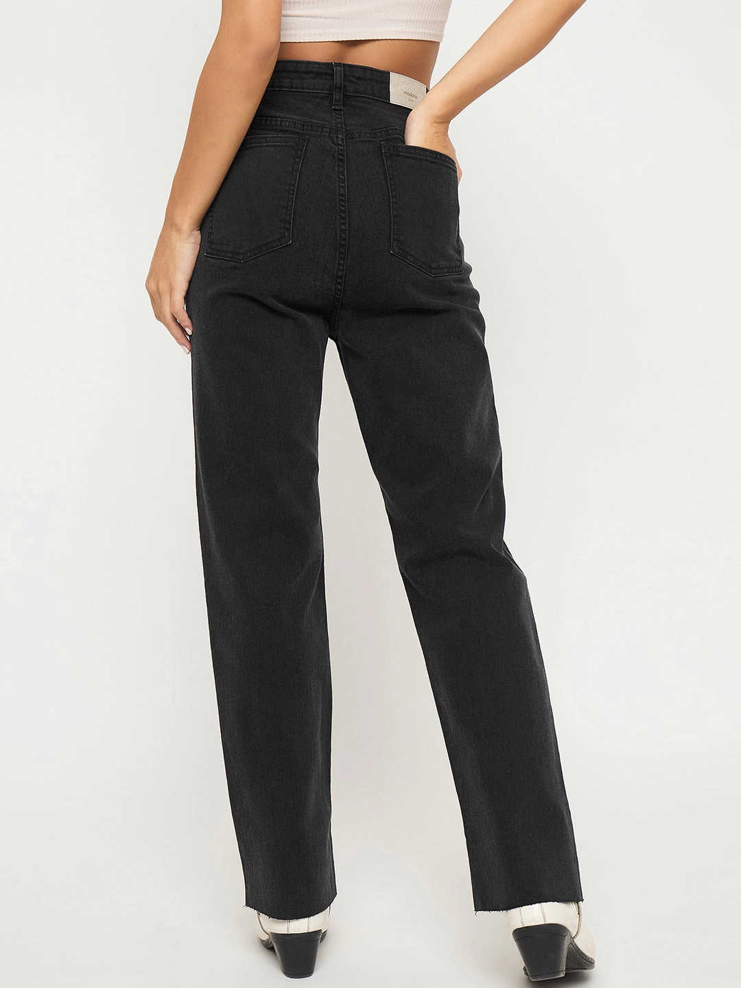 Tapered Leg Profile Versatile Comfort Madame Ripped Hem Wide Leg Charcoal Black Jeans