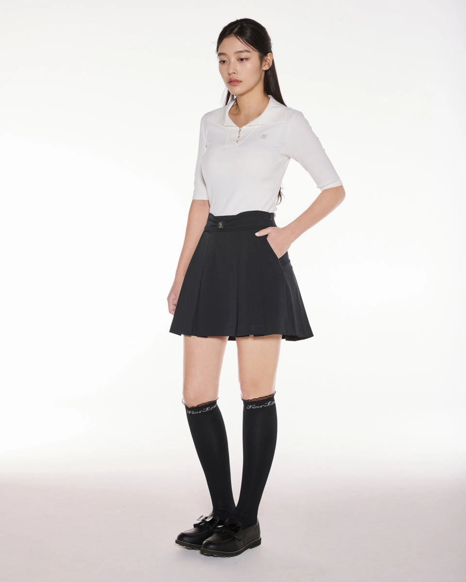 Front ribbon belt wide pleated skirt - Black Cropped hem