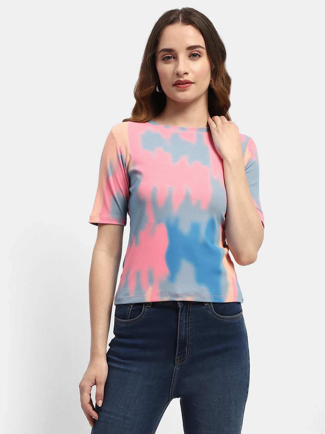 Madame Abstract Print Pink Regular T-Shirt Perfect for Workouts Light Comfort Style