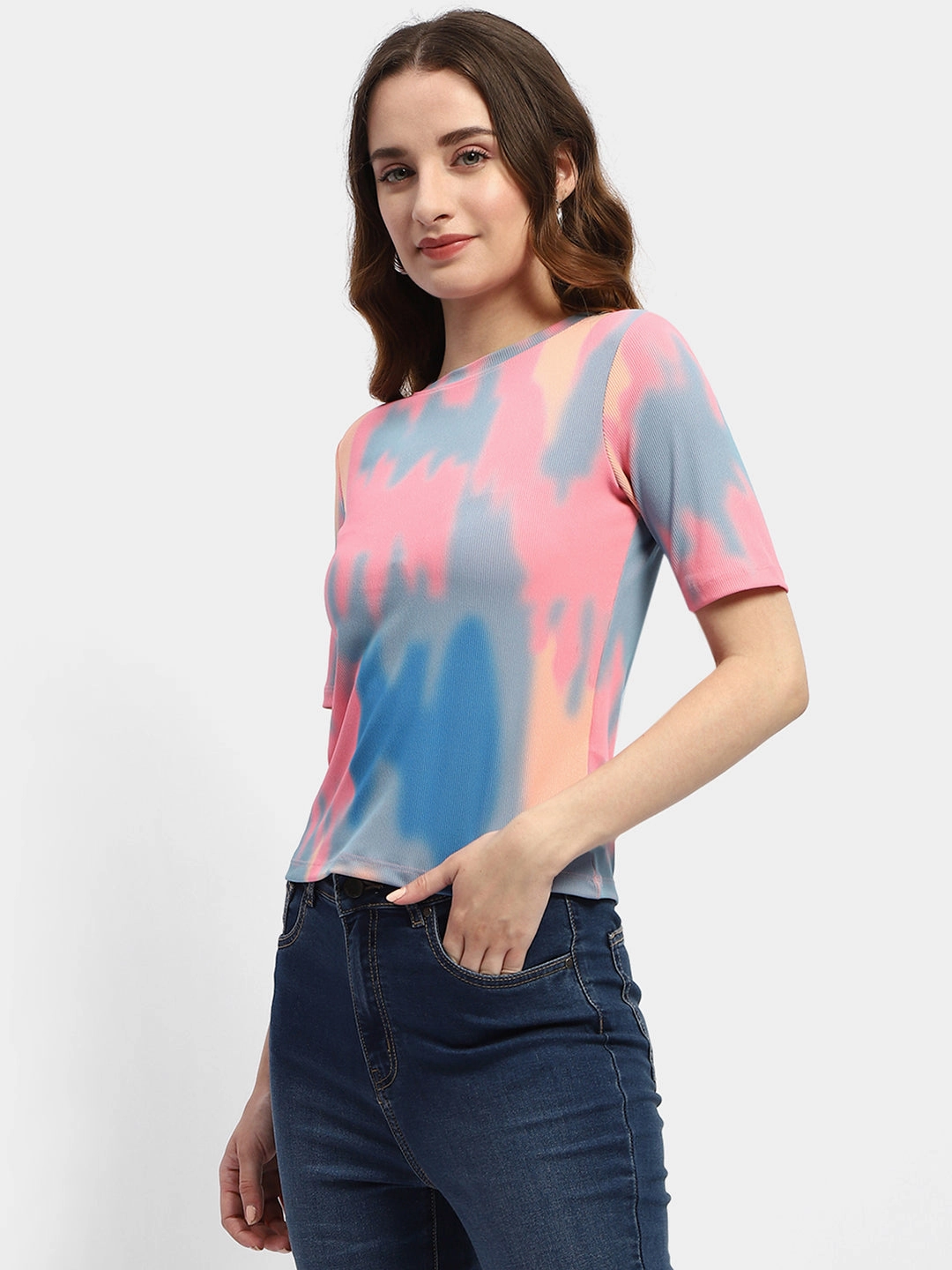 Wrinkle Resistant Texture Feminine Touch Madame Abstract Print Pink Regular T-Shirt