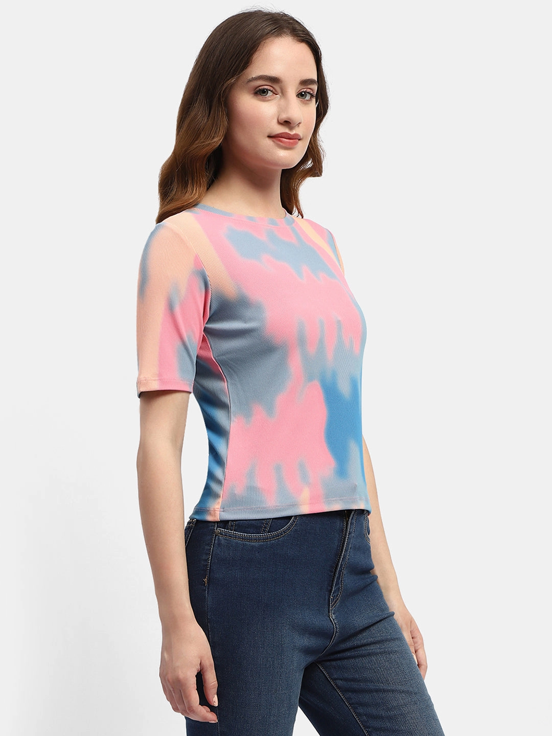 Madame Abstract Print Pink Regular T-Shirt Colorfast Dye Subtle Embroidery