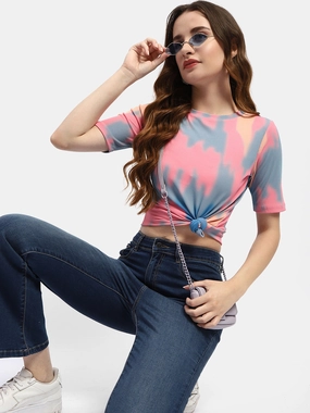Wide Neck Opening Madame Abstract Print Pink Regular T-Shirt