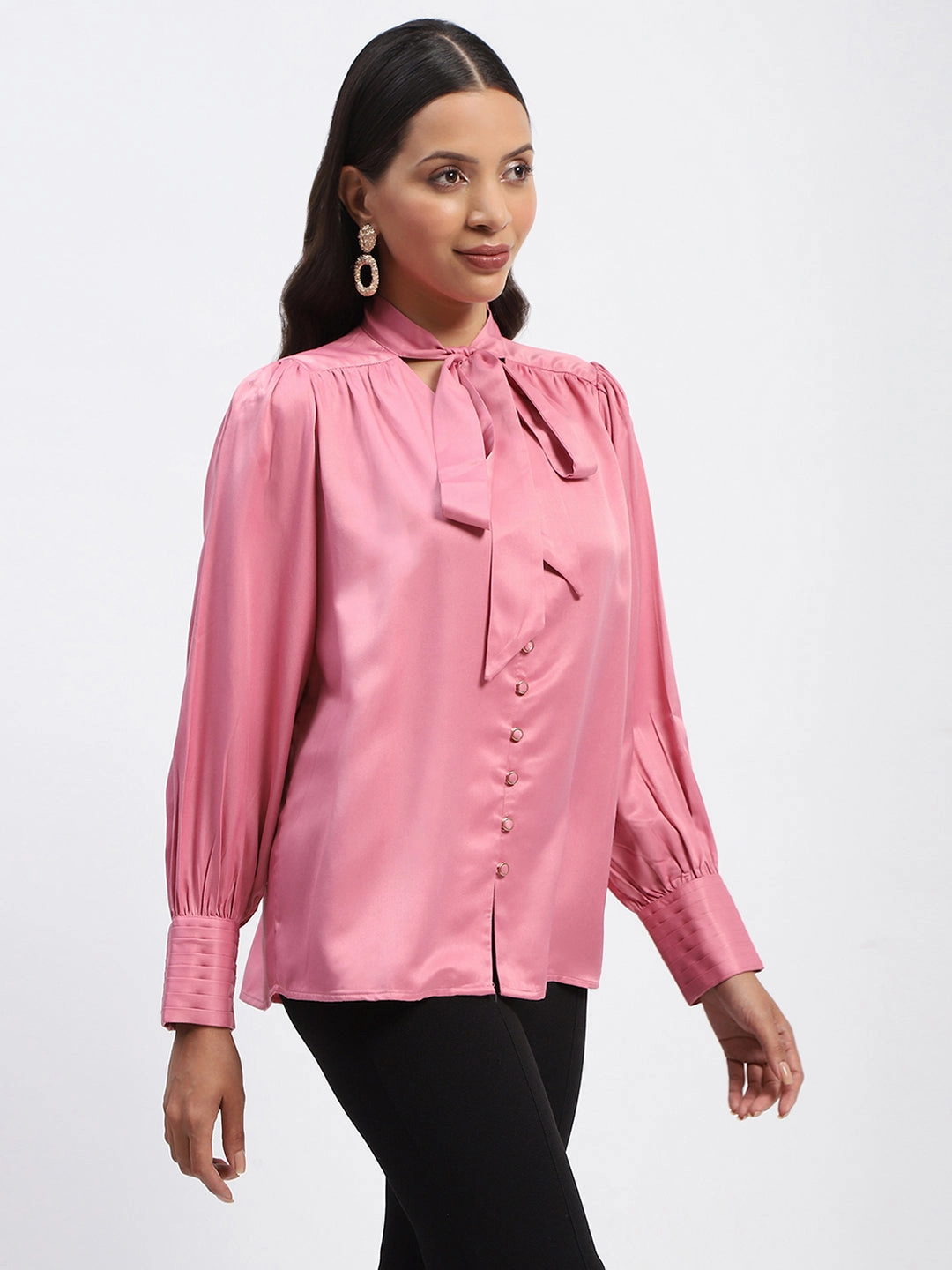 Madame Tie Up Neck Cuffed Sleeve Pink Top NonScratchyLining