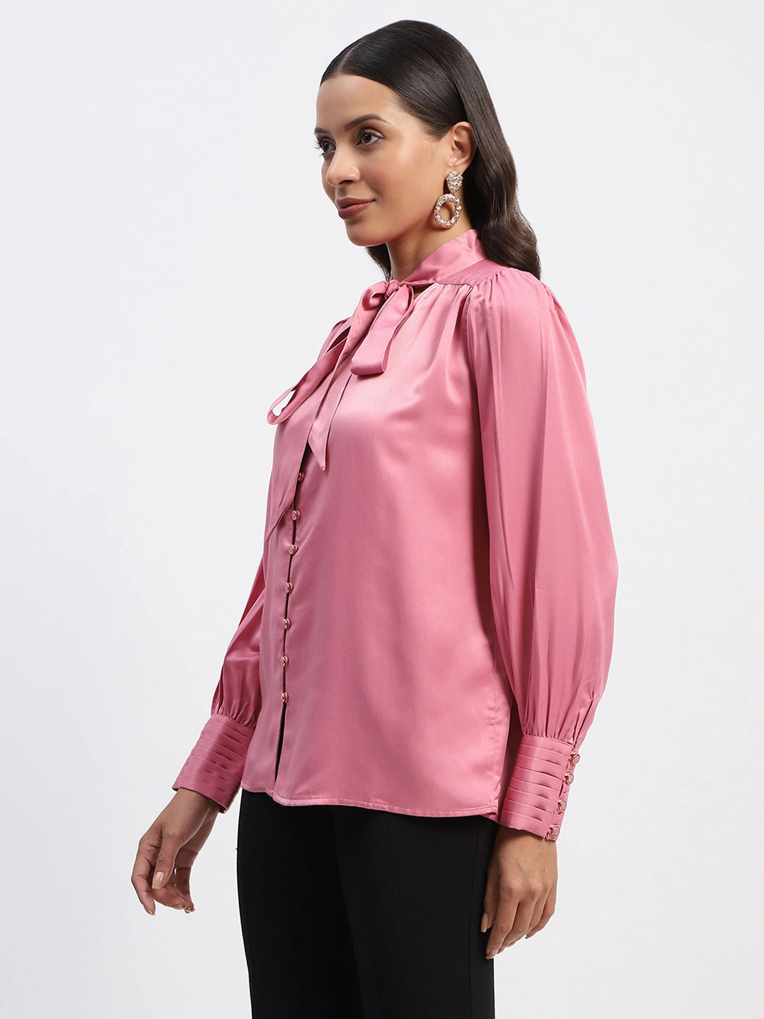 Madame Tie Up Neck Cuffed Sleeve Pink Top Stylish Tank Adjustable Hem Toggles