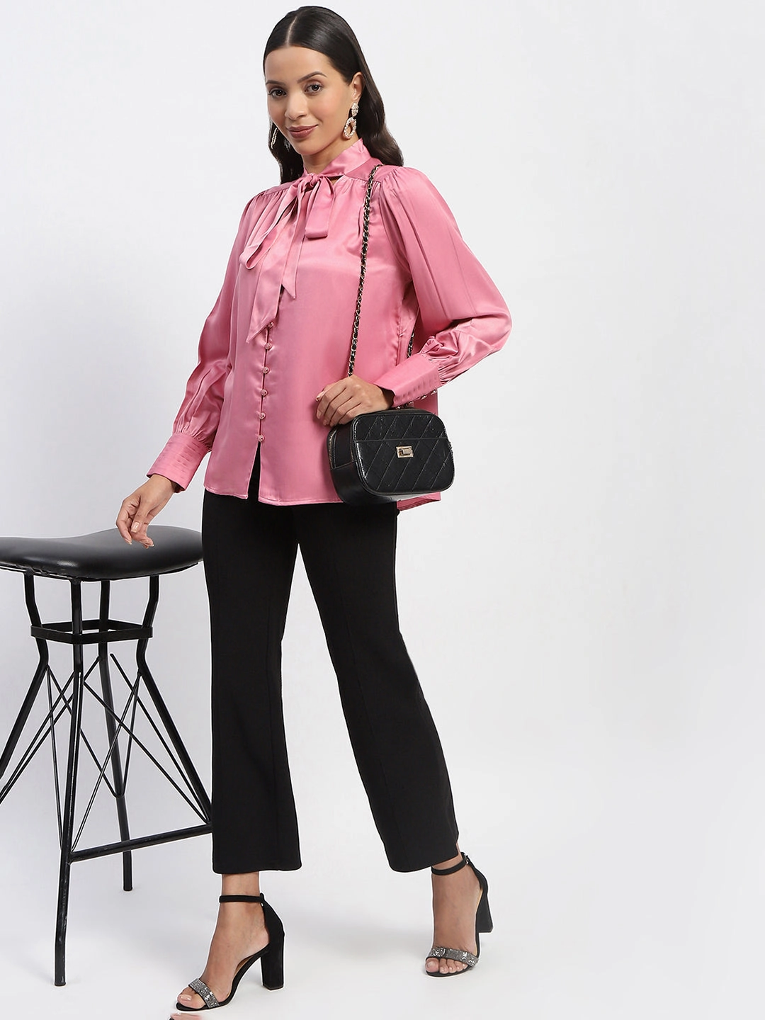 Madame Tie Up Neck Cuffed Sleeve Pink Top Sustainable Textile Hidden Ventilation Zones