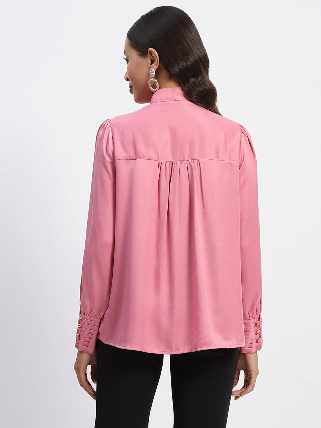 Comfy Layer DoubleLayered Madame Tie Up Neck Cuffed Sleeve Pink Top