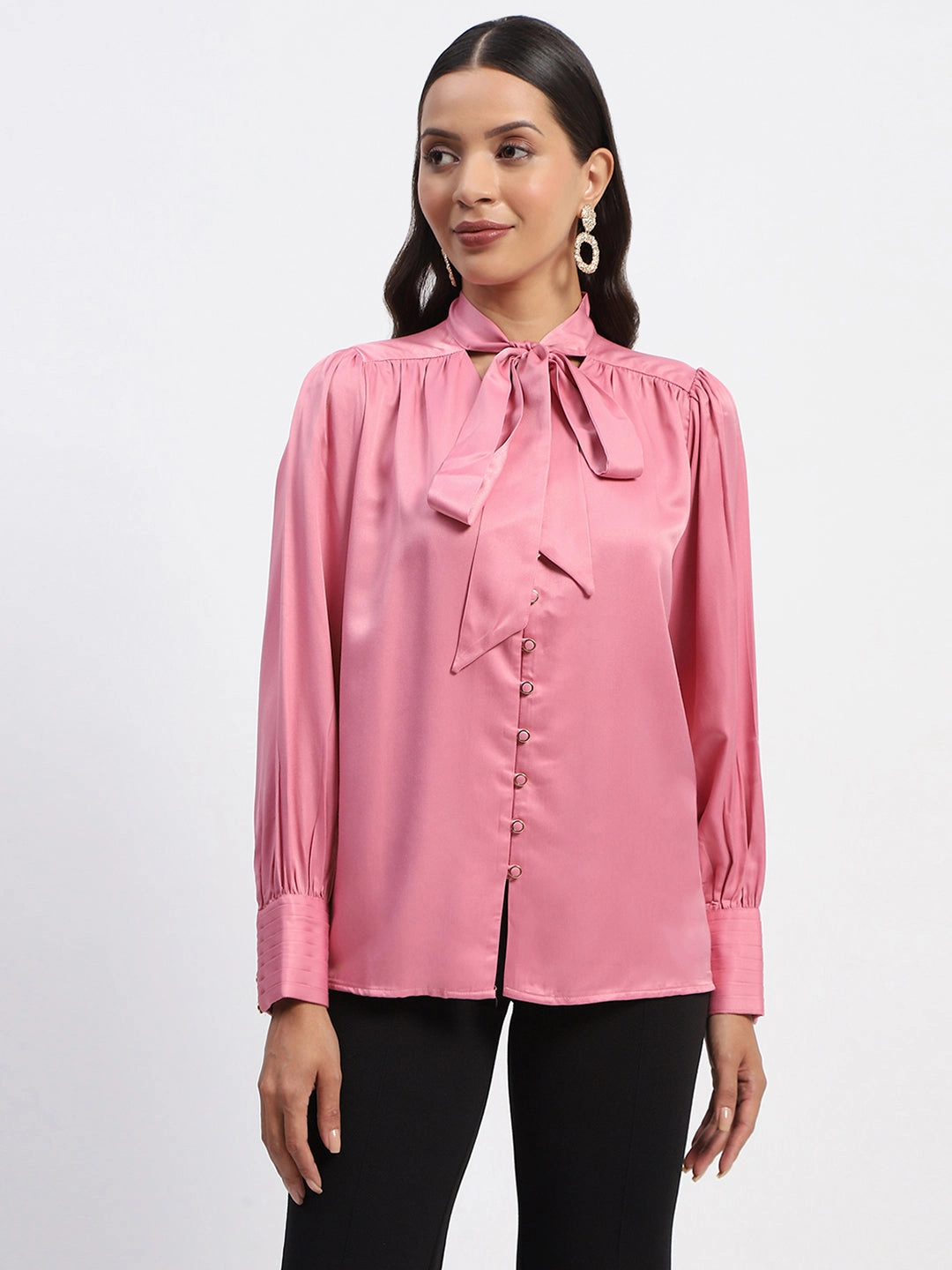 Madame Tie Up Neck Cuffed Sleeve Pink Top CompressionTechnology SeamlessConstruction