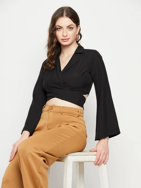 Quick Dry Fabric Madame Black Flare Sleeve Tie-Back Top
