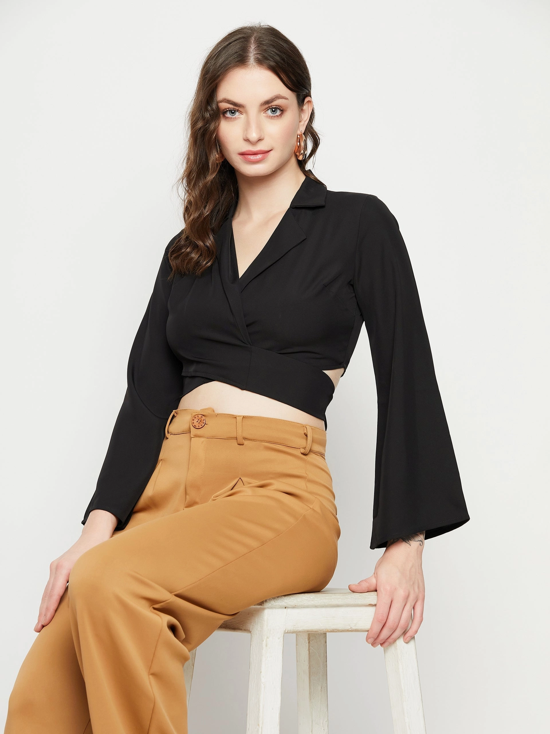 FoldableFeature MultiPanelDesign Madame Black Flare Sleeve Tie-Back Top