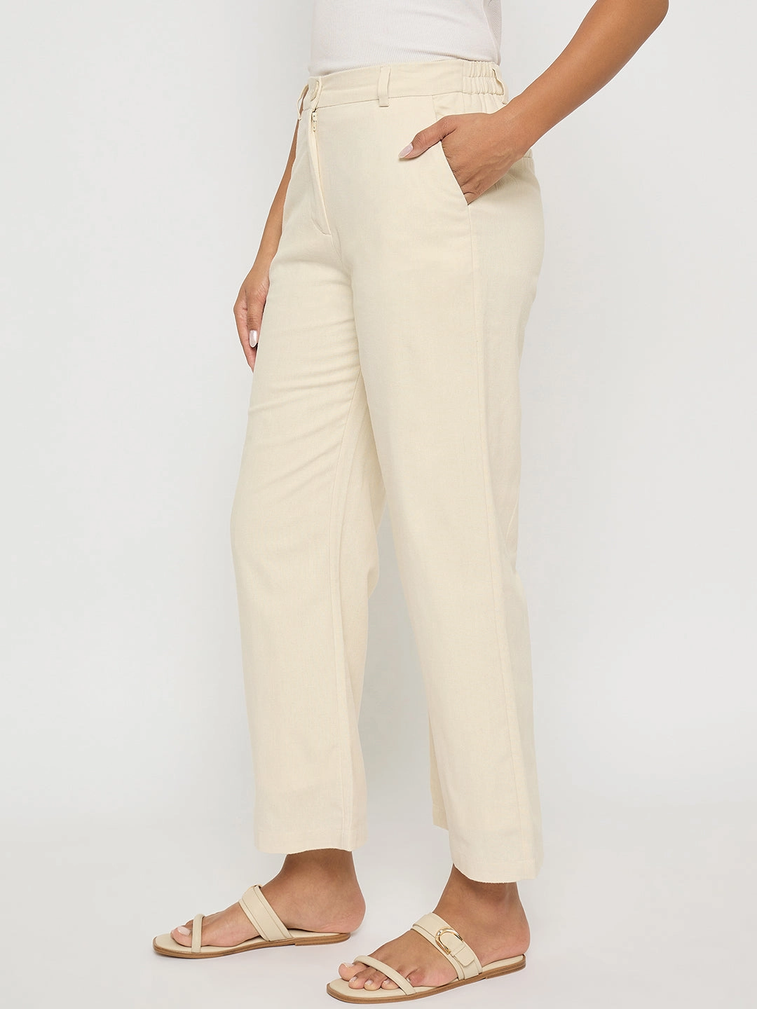 MicrofiberBlend Madame Solid Wide Leg Off White Rayon Blend Trousers