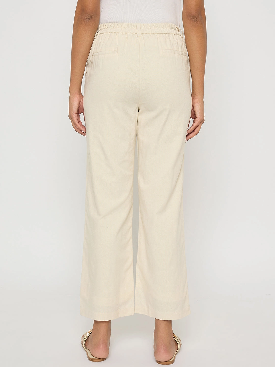 Resilient Fabric Blend Madame Solid Wide Leg Off White Rayon Blend Trousers