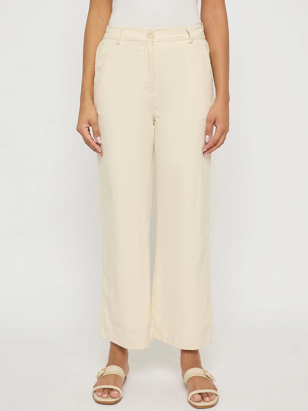 Heather Effect Finish Madame Solid Wide Leg Off White Rayon Blend Trousers