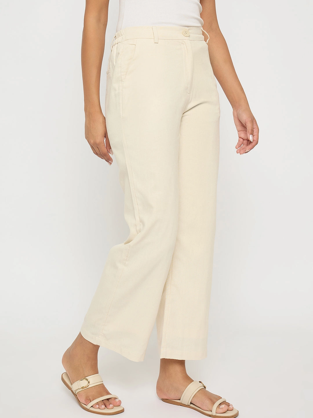 Madame Solid Wide Leg Off White Rayon Blend Trousers Versatile Design