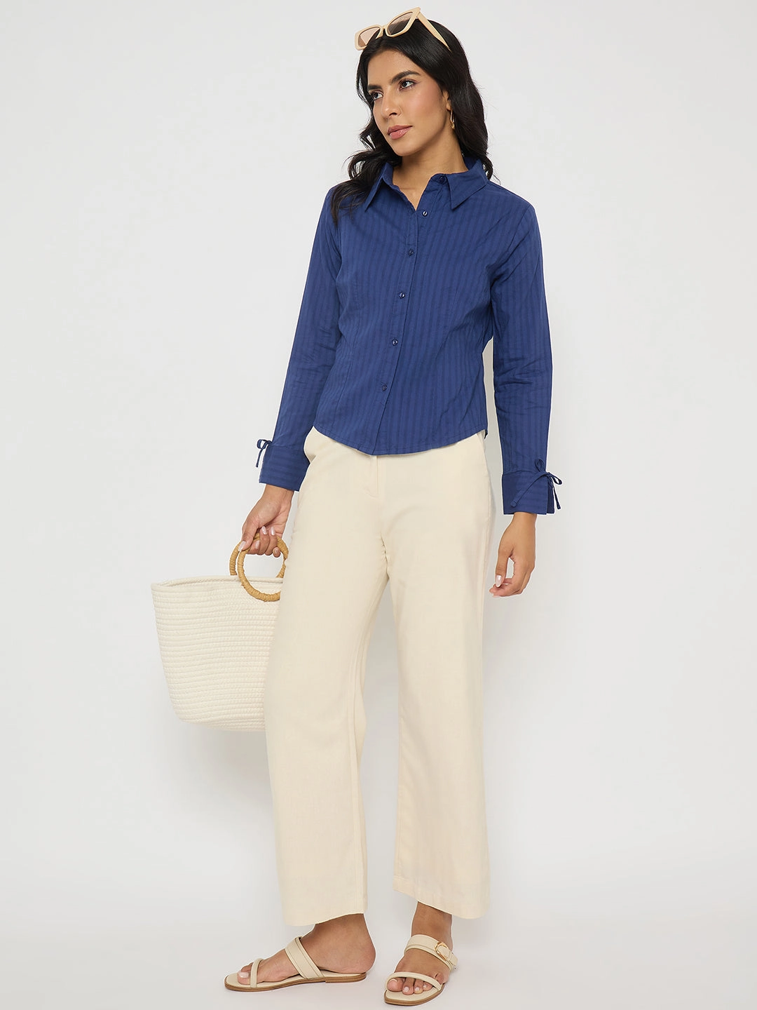 Madame Solid Wide Leg Off White Rayon Blend Trousers Stretchable Blend