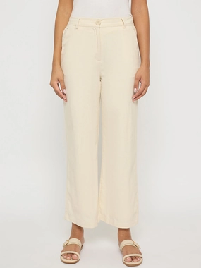 Heather Effect Finish Madame Solid Wide Leg Off White Rayon Blend Trousers