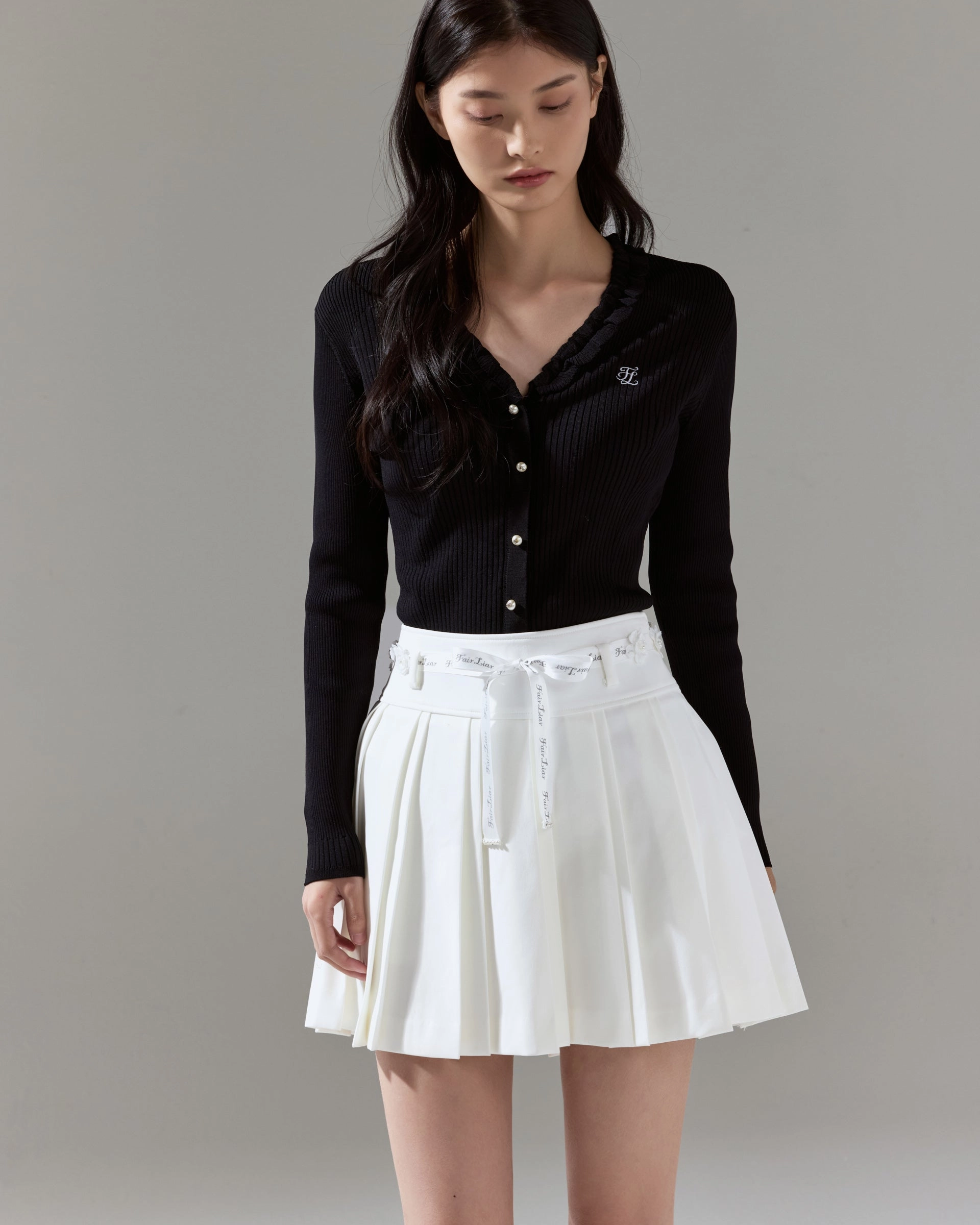 Stitched Look Fair Liar Rib Frill Cardigan - Black