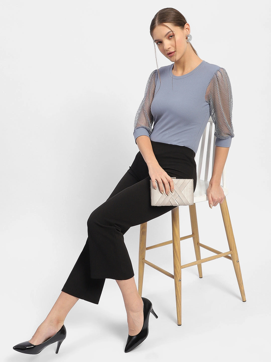 Madame Knit Sleeve Grey Regular Top Bonded Seam Durability