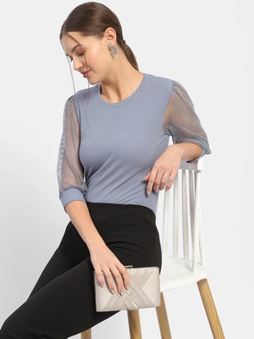 Contrast Stitch Madame Knit Sleeve Grey Regular Top