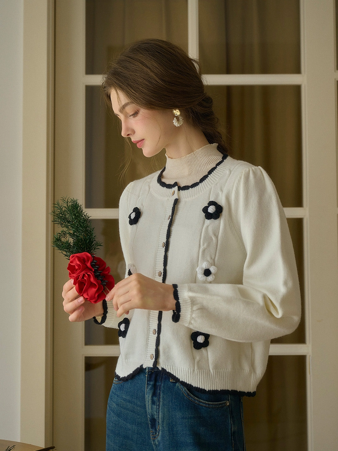 HighDensity Knit Araya Ribbed Round Neck Contrasting 3D Rose Knitted Cardigan