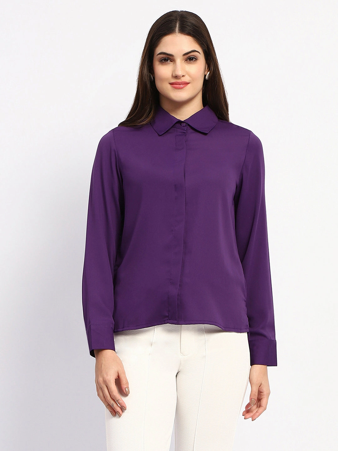 Madame Solid Purple Cuff Sleeve Shirt Comfortable Fabric
