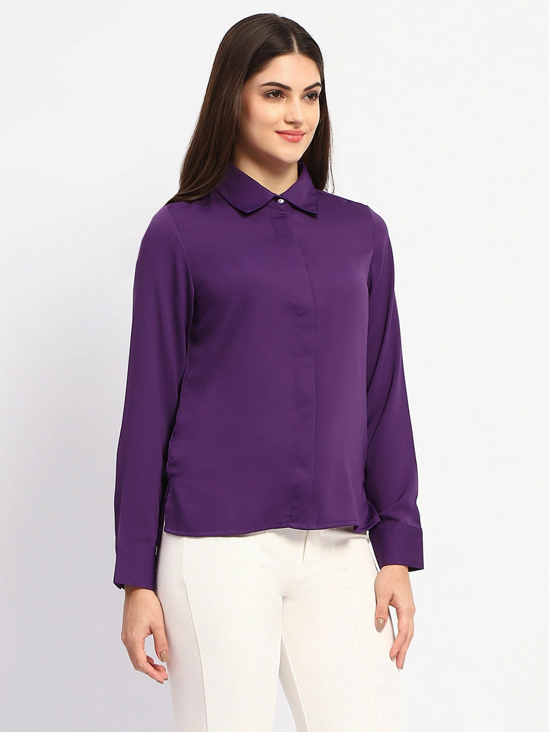 Madame Solid Purple Cuff Sleeve Shirt Chill Comfort
