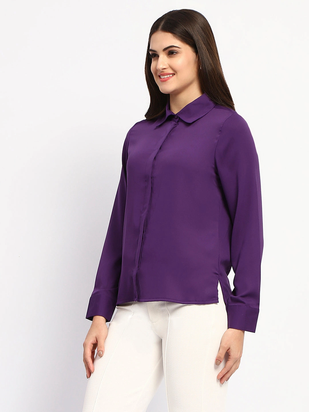 Madame Solid Purple Cuff Sleeve Shirt Runway Inspired Low Profile Pocket Design